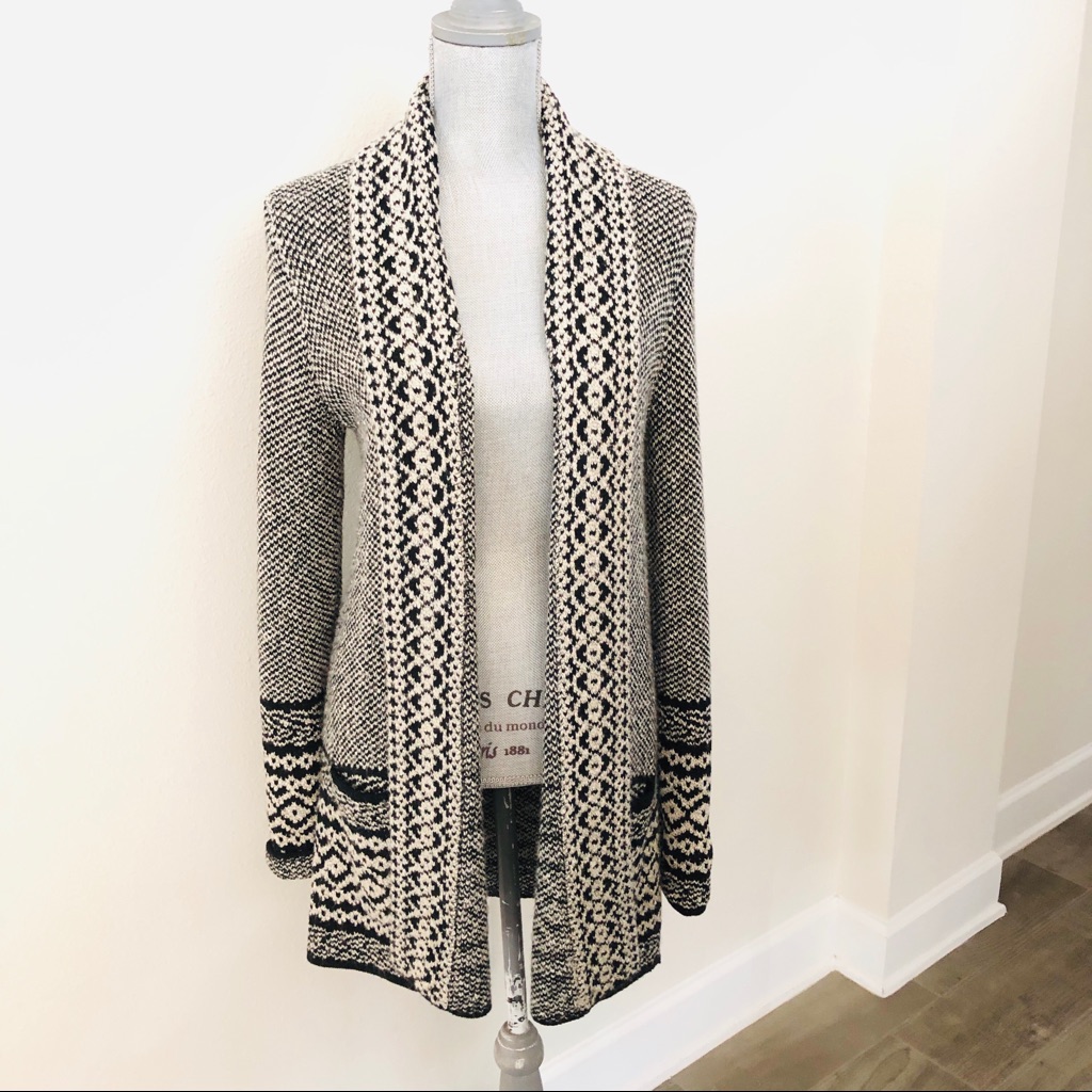 Lucky Brand Geometric Tribal Blk  Wht Cardigan Ec